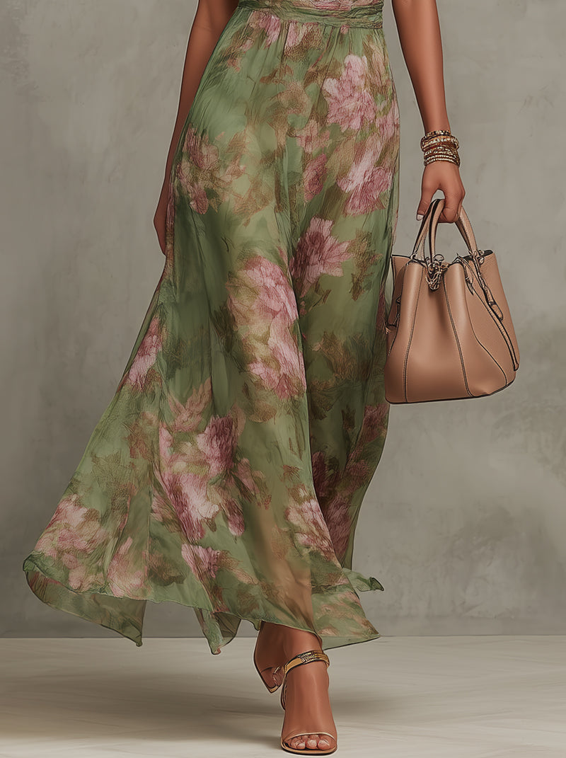 Florence | Robe Maxi Chiffon Florale Verte à Dos Nu