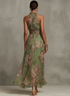 Florence | Robe Maxi Chiffon Florale Verte à Dos Nu